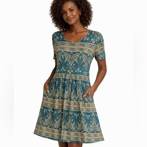 Your Style 3XL Teal Paisley Boho Dress Plus Size Glowy A-Line Side Pockets NWOT